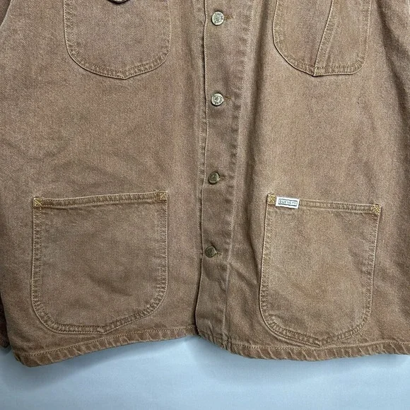 Vintage 90s Guess Workwear Jacket Mens L Brown Canvas Leather Collar Chore Coat - Picture 6 of 13